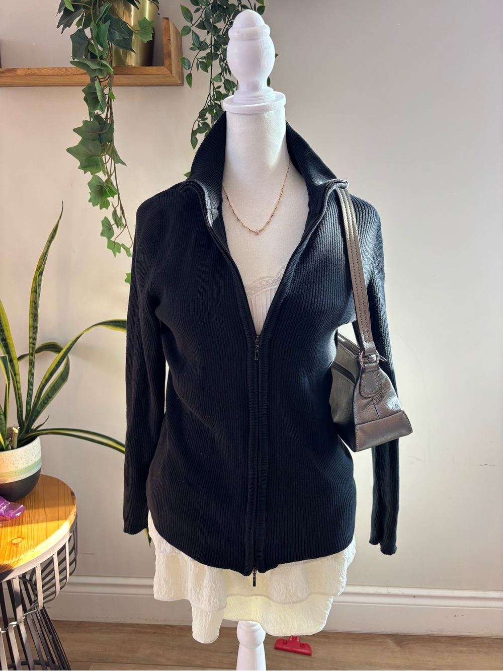L.L. Bean Black Ribbed Zip-Front Women's Sweater